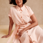 Stitch Fix model wearing women’s cottagecore aesthetic outfit with pink and white plaid collared dress.