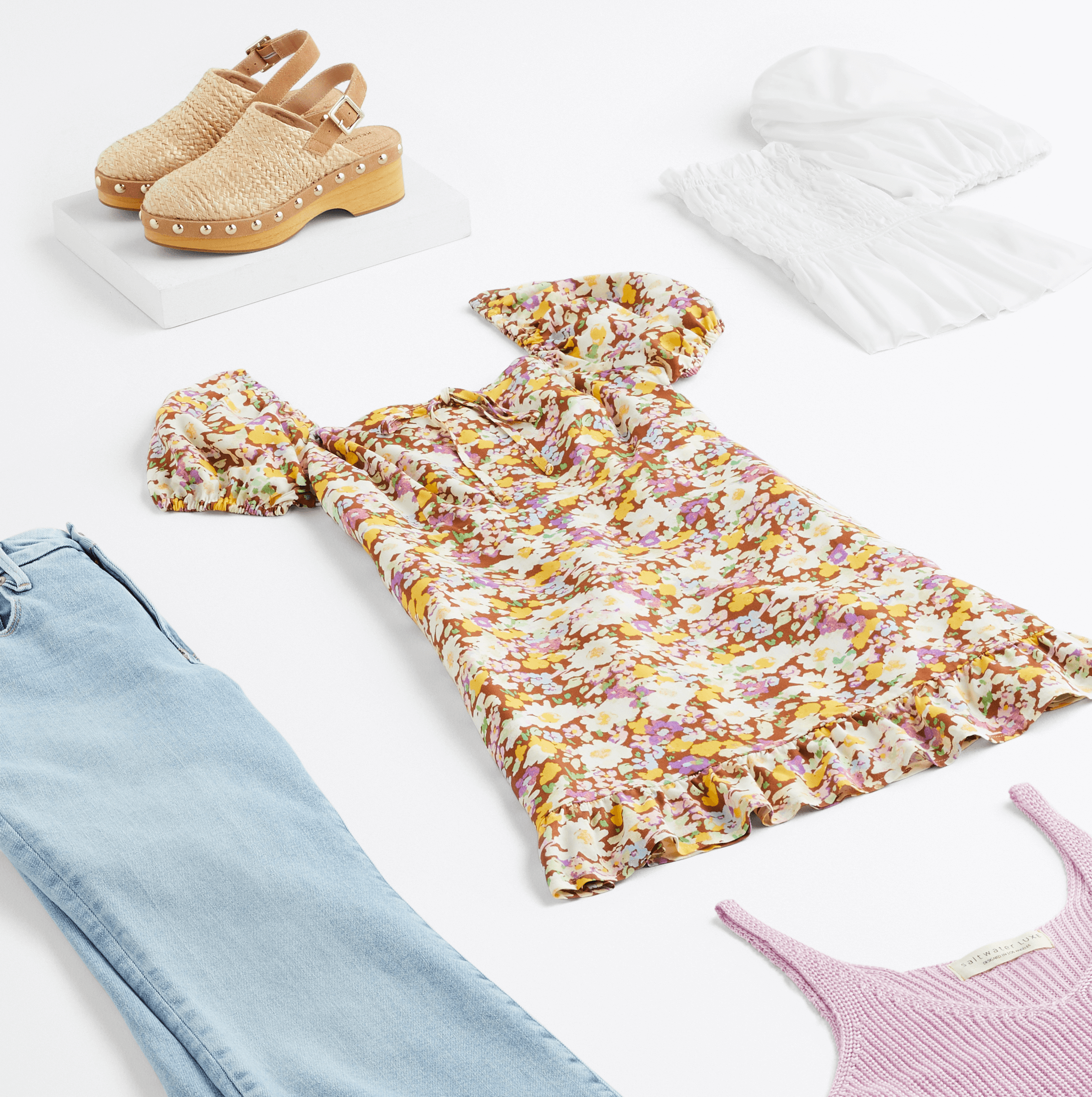 Stitch Fix Women's romantic style outfits with white blouse, lavender sweater tank, blue jeans, floral dress and tan clog sandals.