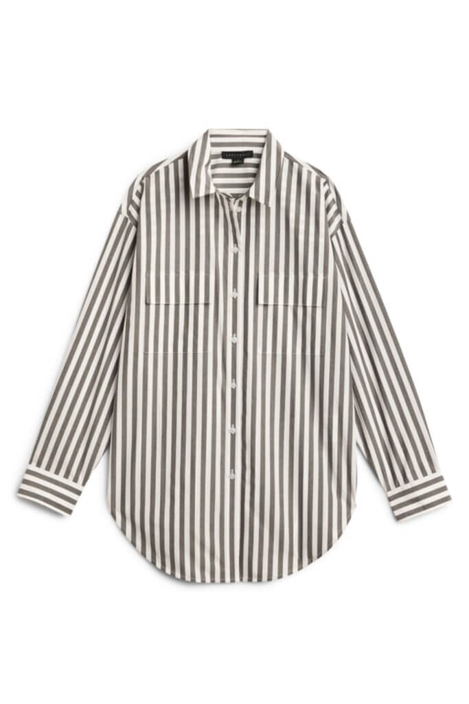 Stitch Fix Women’s black and white striped oversized button-up shirt.