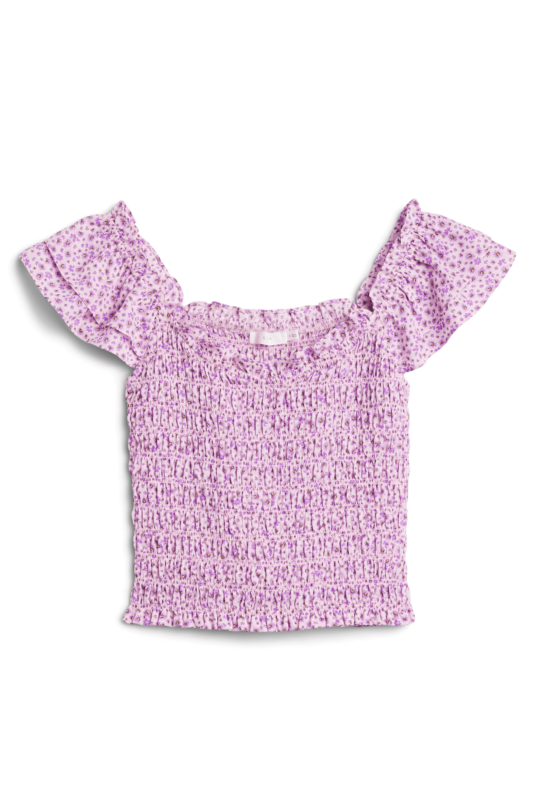 Stitch Fix Women's romantic style top in pink print with smocked bodice and short flutter sleeves.