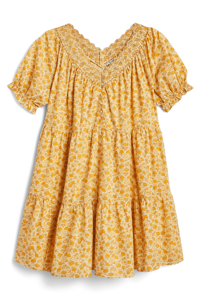 Stitch Fix women’s cottagecore aesthetic yellow floral tiered babydoll dress.