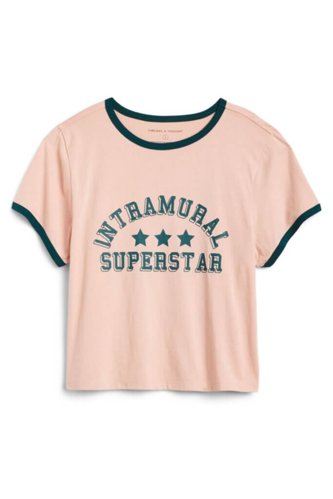 Stitch Fix Women’s short-sleeve collegiate fashion pink and navy raglan graphic T-shirt.