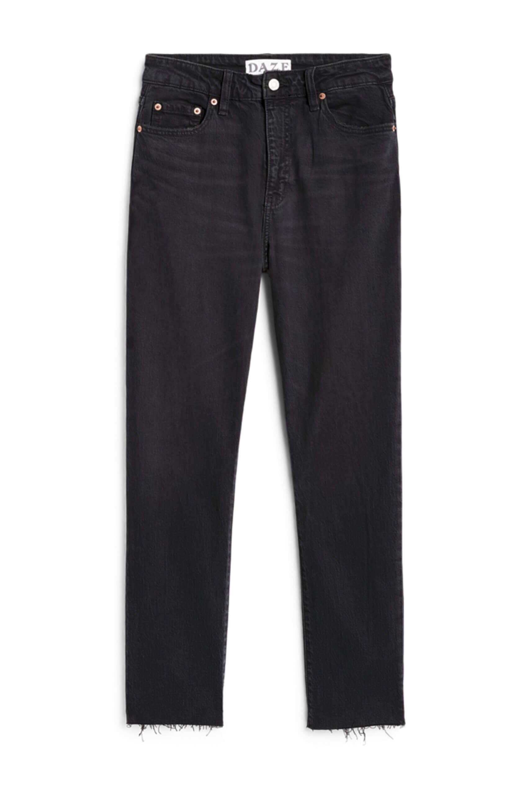 Stitch Fix Women’s black straight-leg jeans with frayed hem.