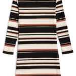 Stitch Fix Women’s black, cream and brown striped three-quarter-sleeve ribbed dress.