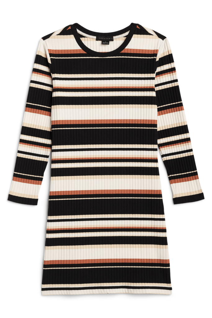 Stitch Fix Women’s black, cream and brown striped three-quarter-sleeve ribbed dress.