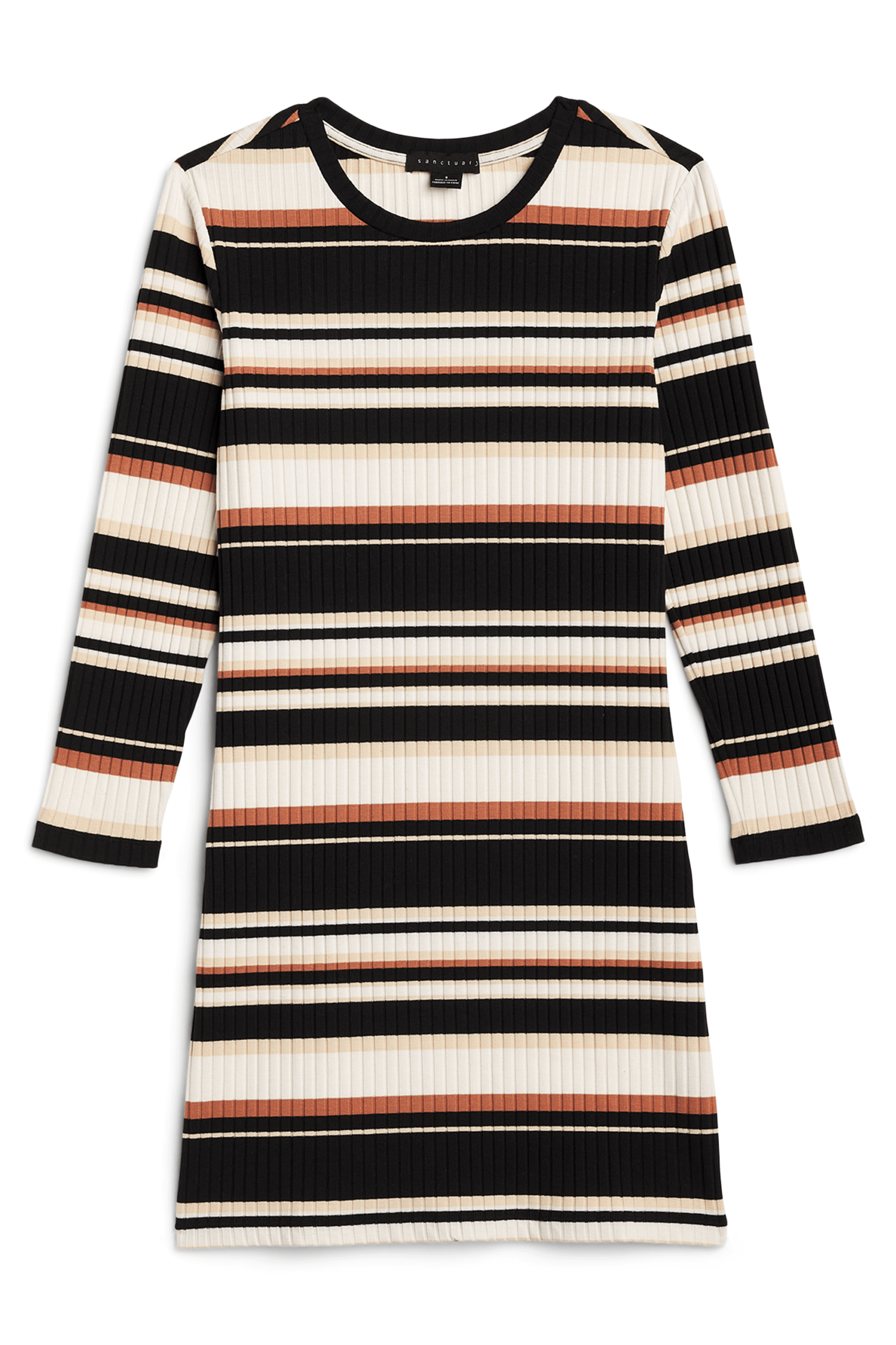 Stitch Fix Women’s black, cream and brown striped three-quarter-sleeve ribbed dress.