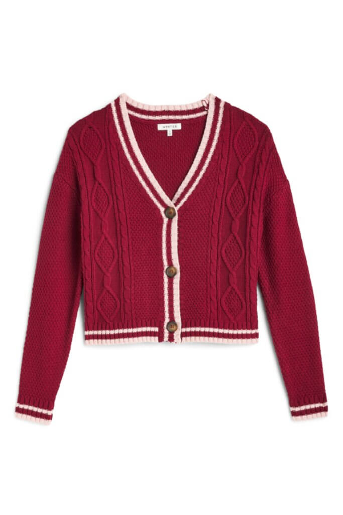 Stitch Fix Women’s burgundy cable-knit collegiate fashion cardigan sweater with white striped piping.