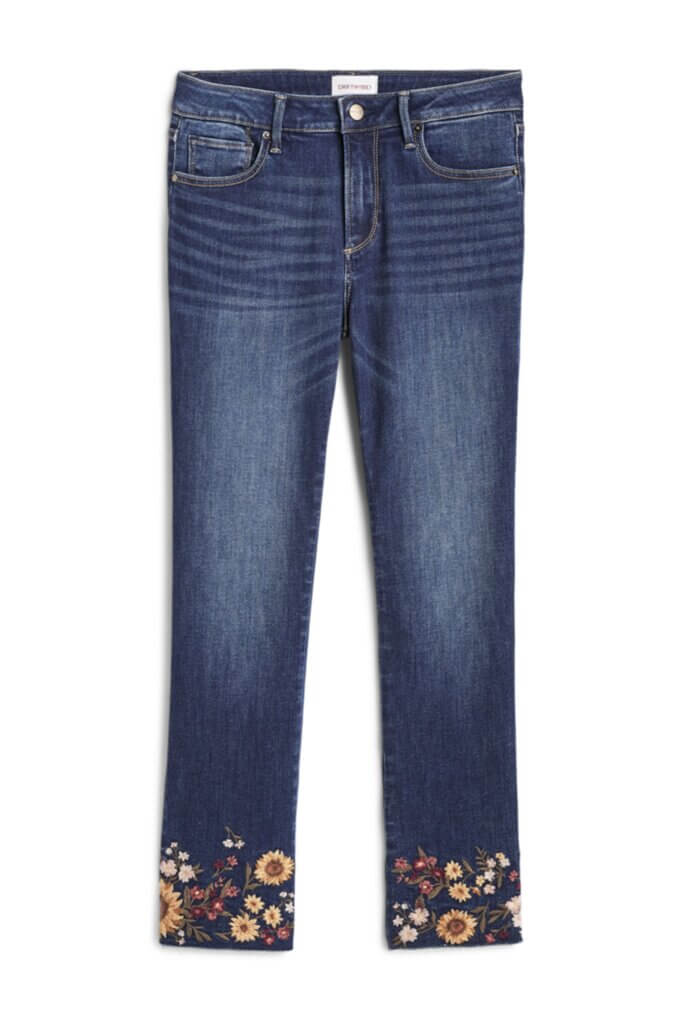 Stitch Fix Women’s dark-wash straight-leg jeans with floral embroidered hem.