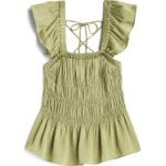 Stitch Fix Women’s green smocked bodice blouse with ruffle sleeves.