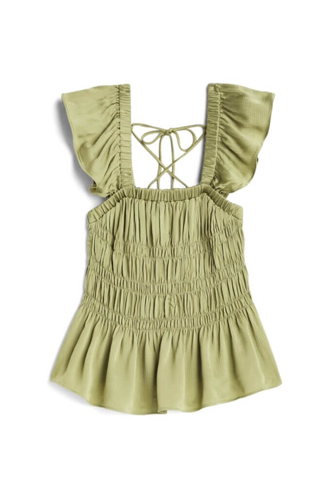 Stitch Fix Women’s green smocked bodice blouse with ruffle sleeves.