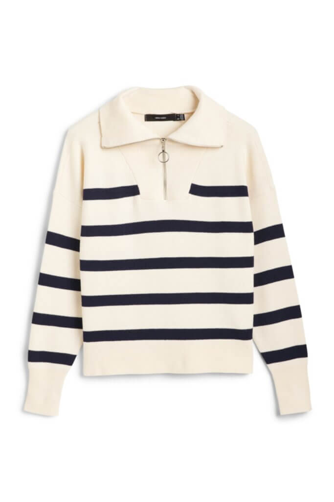 Stitch Fix Women’s black and white striped quarter-zip collegiate fashion pullover.
