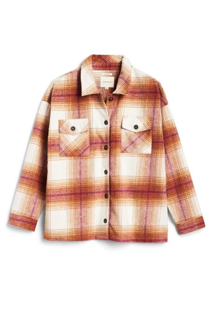 Stitch Fix Women’s white, burnt orange and mustard plaid shacket.