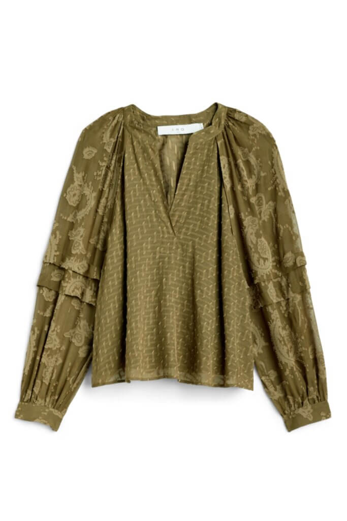 Stitch Fix Women’s olive peasant blouse with lace detail sleeves.