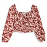 Stitch Fix Women’s burgundy and white long-sleeve floral crop top.