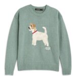 Stitch Fix Women’s light teal pullover sweater with dog graphic.