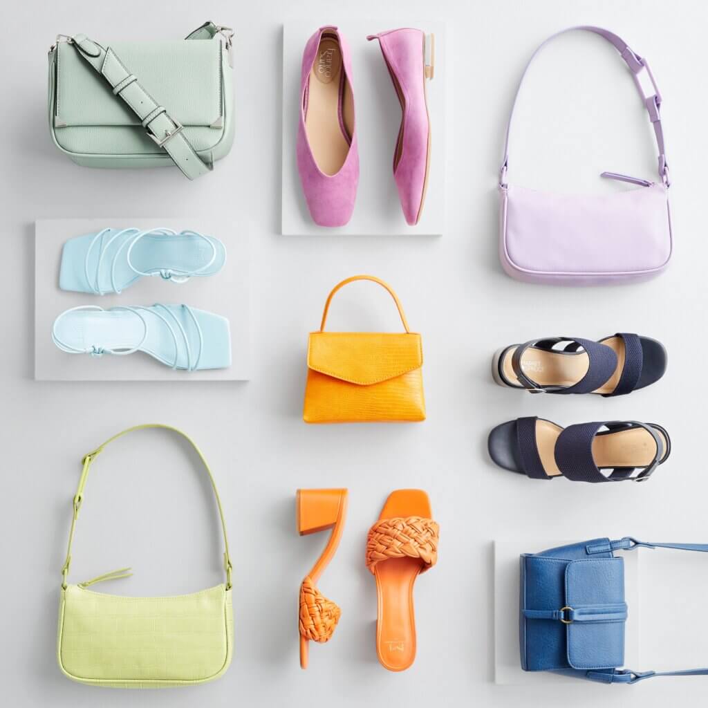 Stitch Fix women's 90s fashion accessories with various bright and pastel small bags, flats and heels.