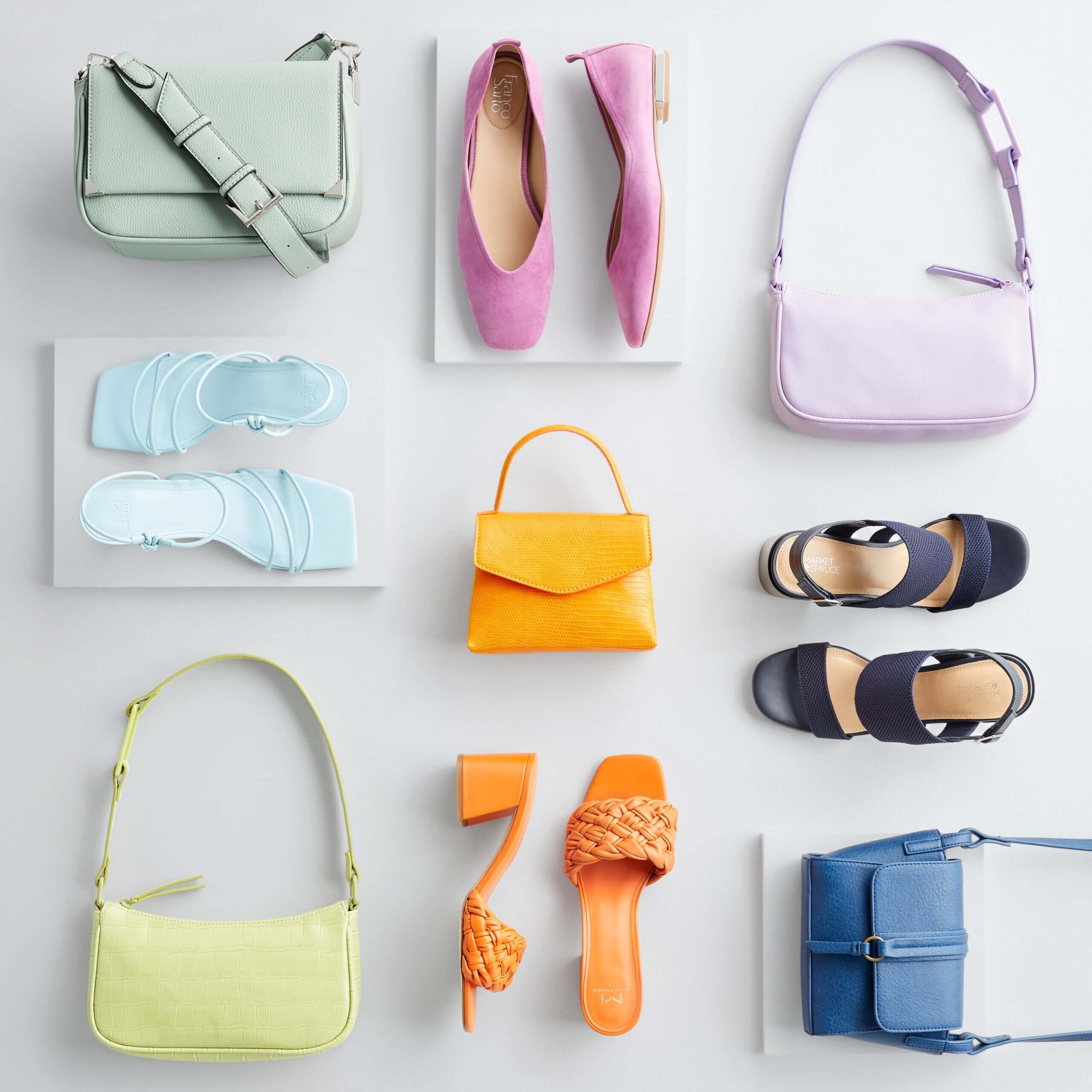 Stitch Fix women's 90s fashion accessories with various bright and pastel small bags, flats and heels.