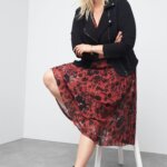 Stitch Fix women's Valentine's Day outfit on model wearing floral print sequin dress with moto jacket over and booties.