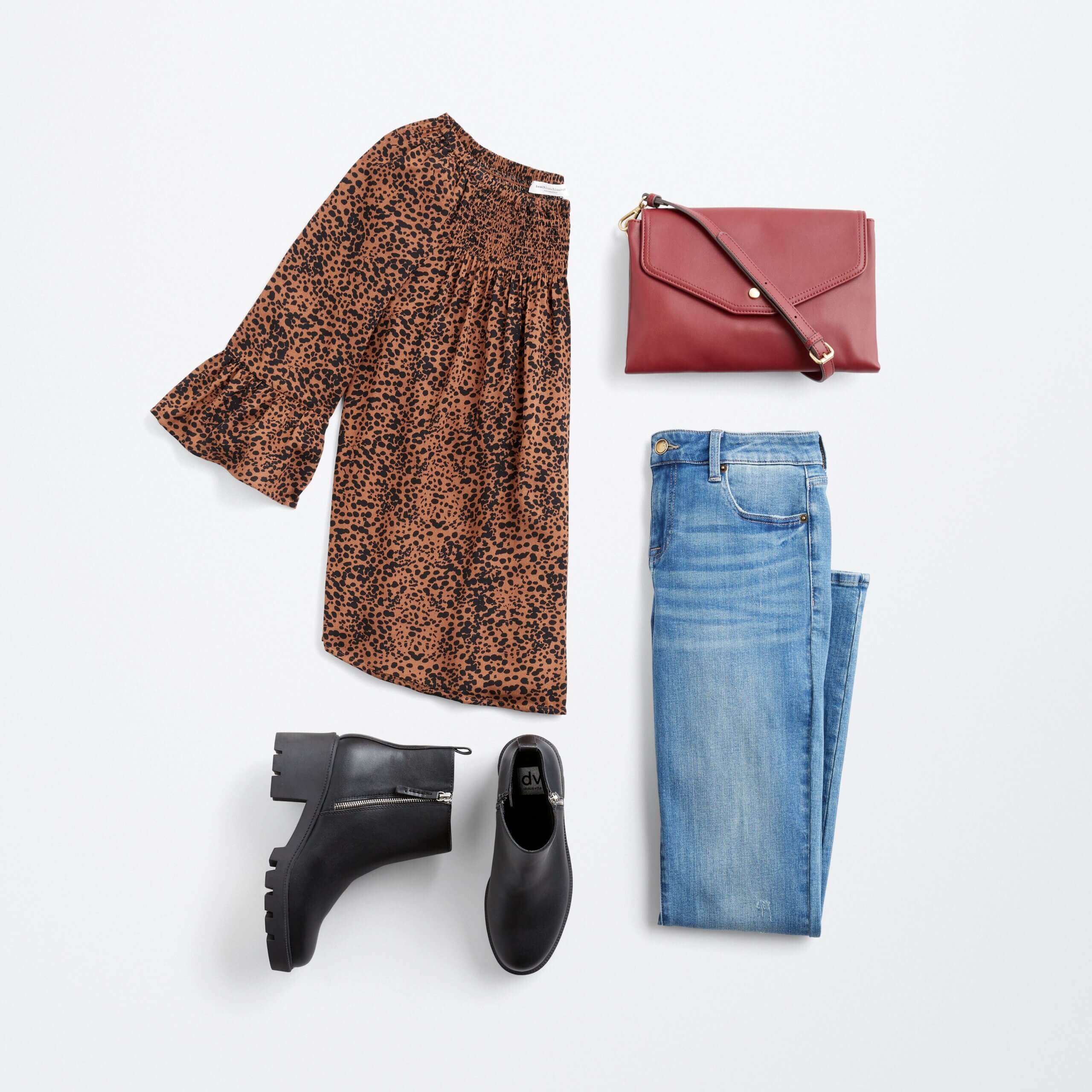 Stitch Fix women's outfit laydown featuring brown off-the-shoulder peasant top, black lug-sol booties, light wash jeans and red crossbody bag. 