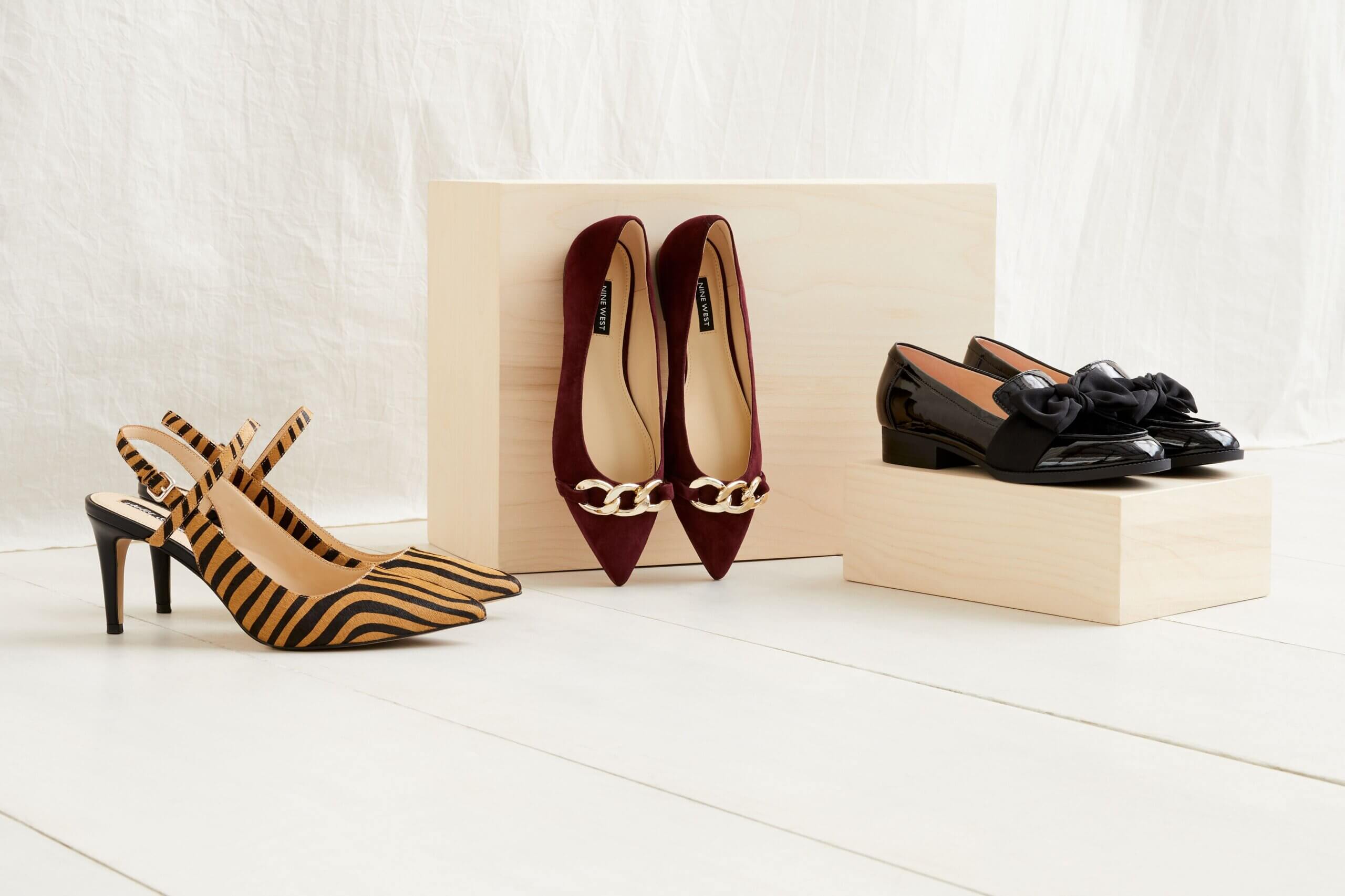 Stitch Fix women's collection of three shoes featuring brown and black striped sling back heels, burgundy flats and black loafers.