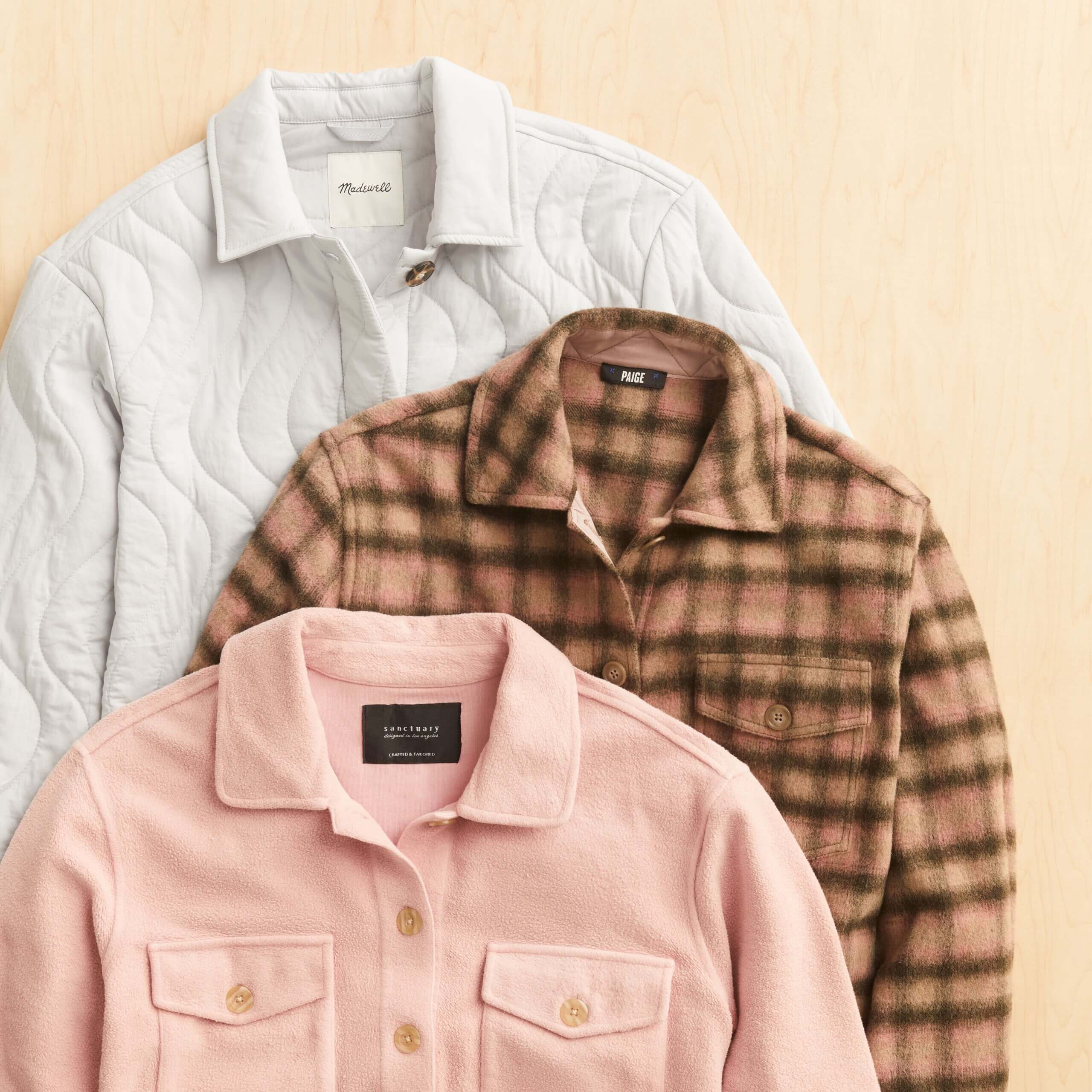 Stitch Fix women’s cottagecore aesthetic shackets and utility jackets in various colors and prints.