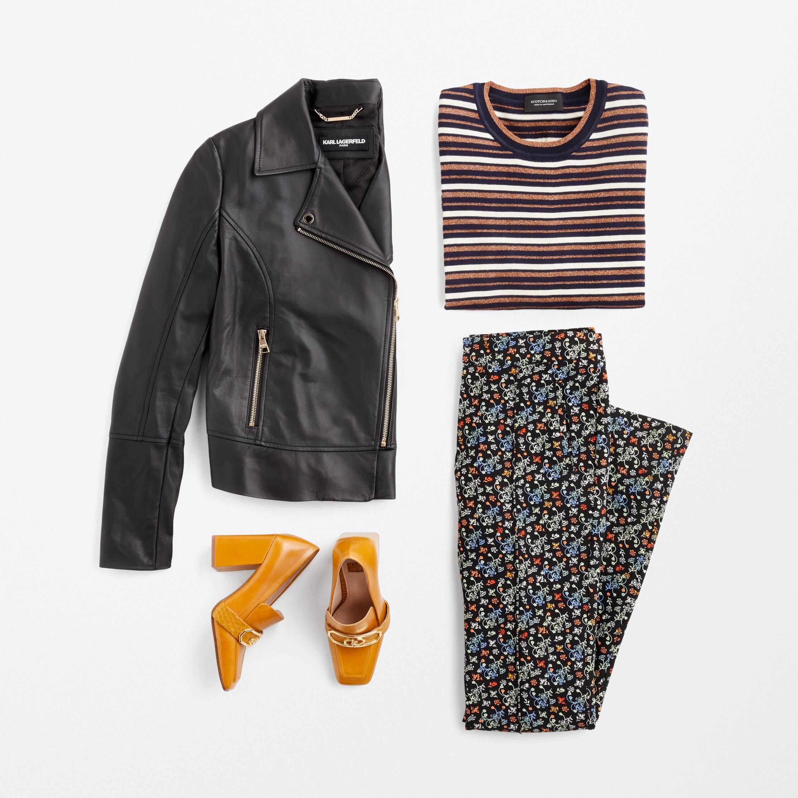 Stitch Fix women's outfit laydown featuring floral pants, striped sweater, black moto jacket and heeled mules. 