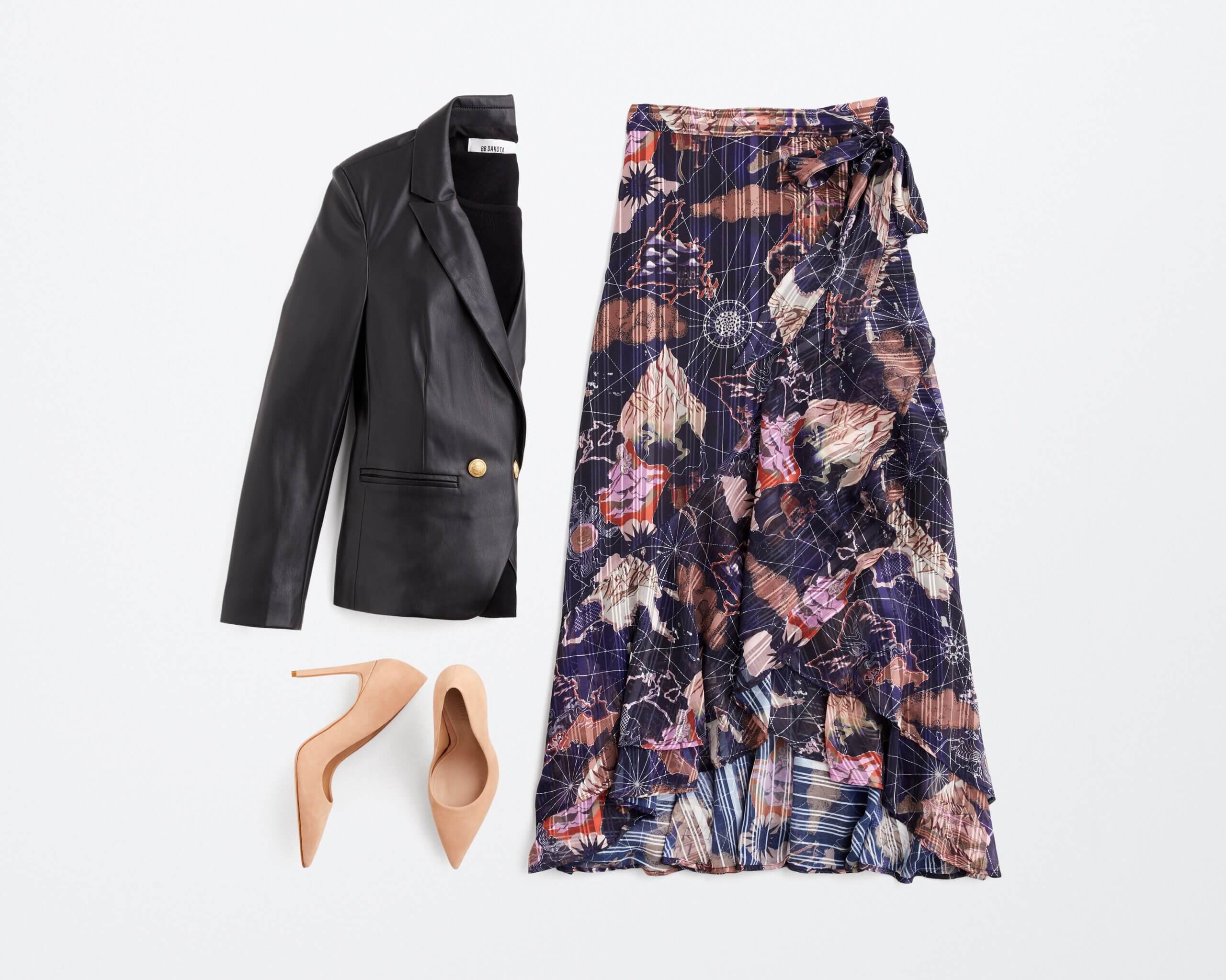 Stitch Fix women's outfit laydown featuring black and purple floral wrap skirt, black blazer and nude pumps.