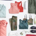 Stitch Fix women’s hiking attire in various colors and prints including sports bras, quarter zips, leggings, joggers, T-shirts and sneakers.