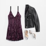 Stitch Fix women’s outfit featuring purple sequin dress, black leather jacket and silver heels.