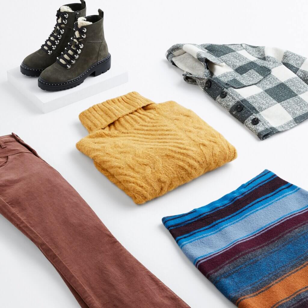 Stitch Fix women's 90s fashion outfit with mustard turtleneck, plaid shacket, brown corduroys, striped mini skirt and olive hiking boots.