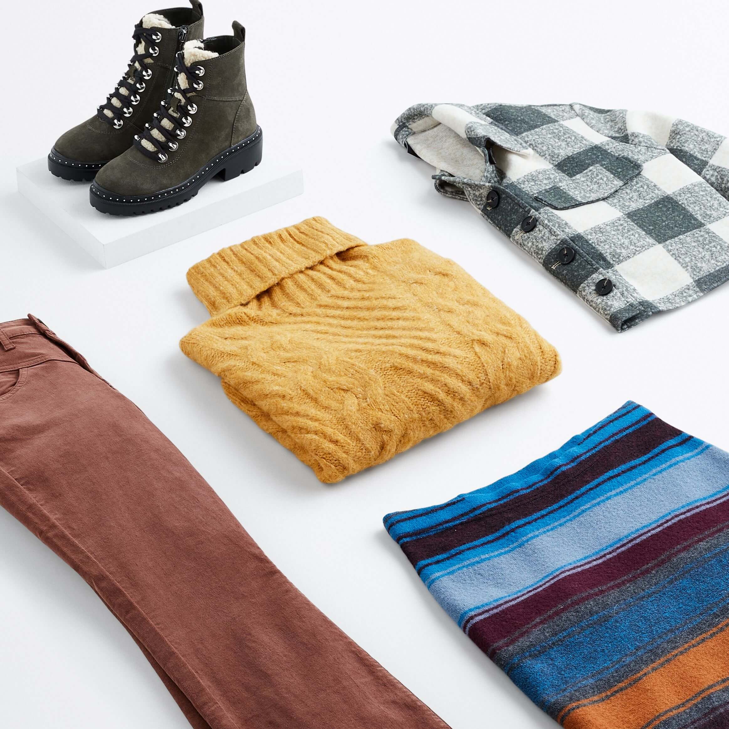 Stitch Fix women's 90s fashion outfit with mustard turtleneck, plaid shacket, brown corduroys, striped mini skirt and olive hiking boots.