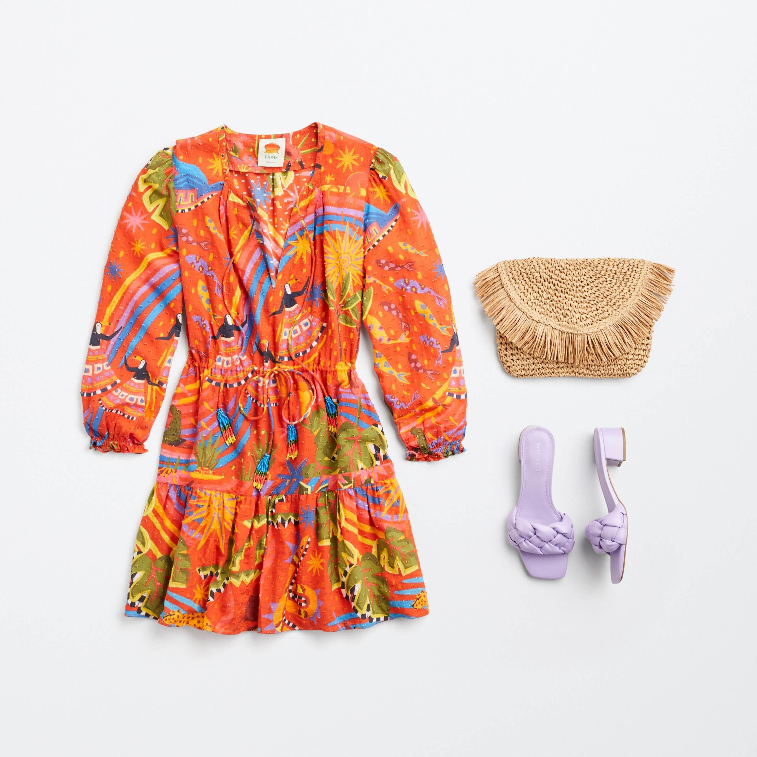 Stitch Fix women’s beachy cocktail wedding attire with tropical printed mini dress, rattan clutch and lilac heels.