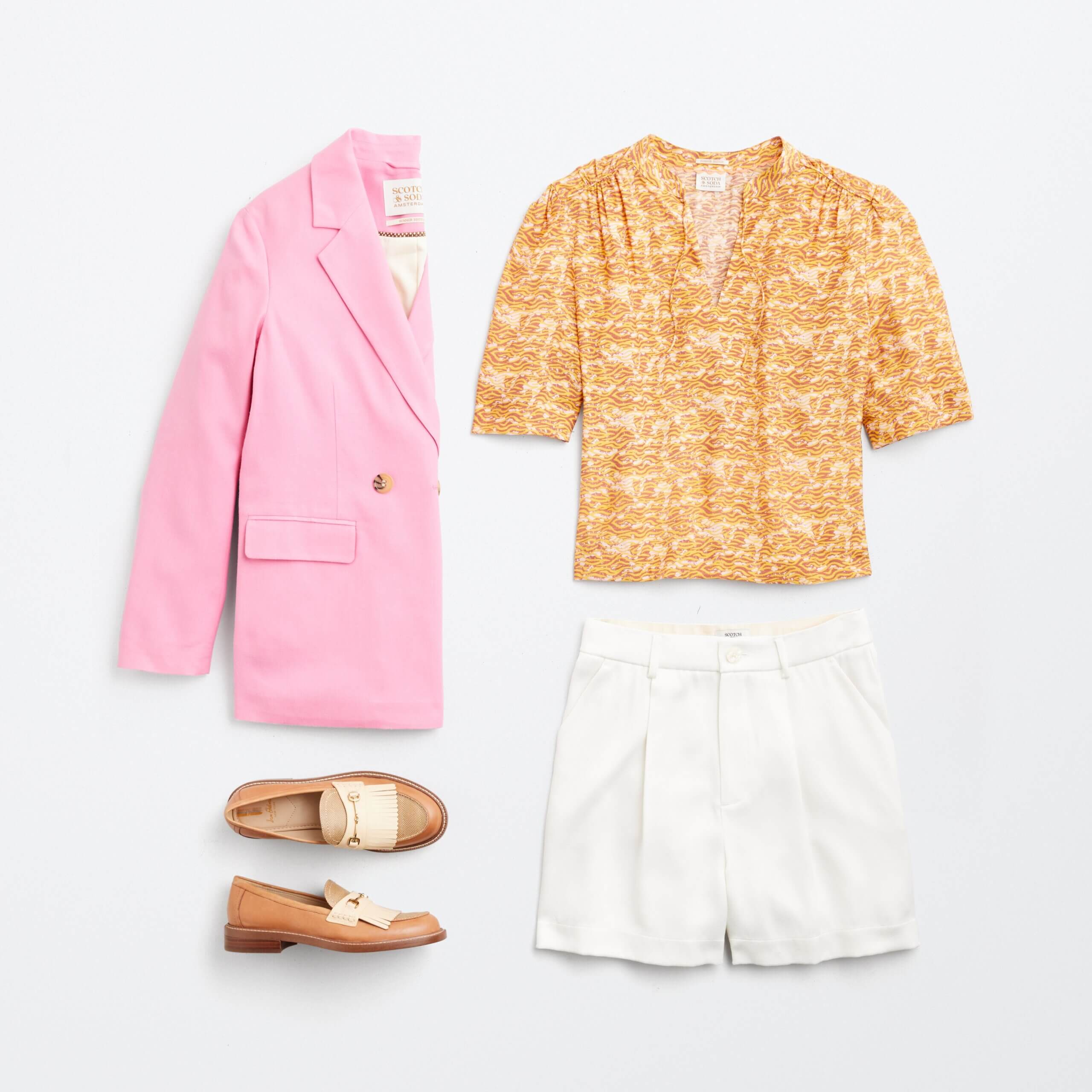 Stitch Fix women's picnic outfit featuring pink blazer, orange printed blouse, white shorts and brown loafers.