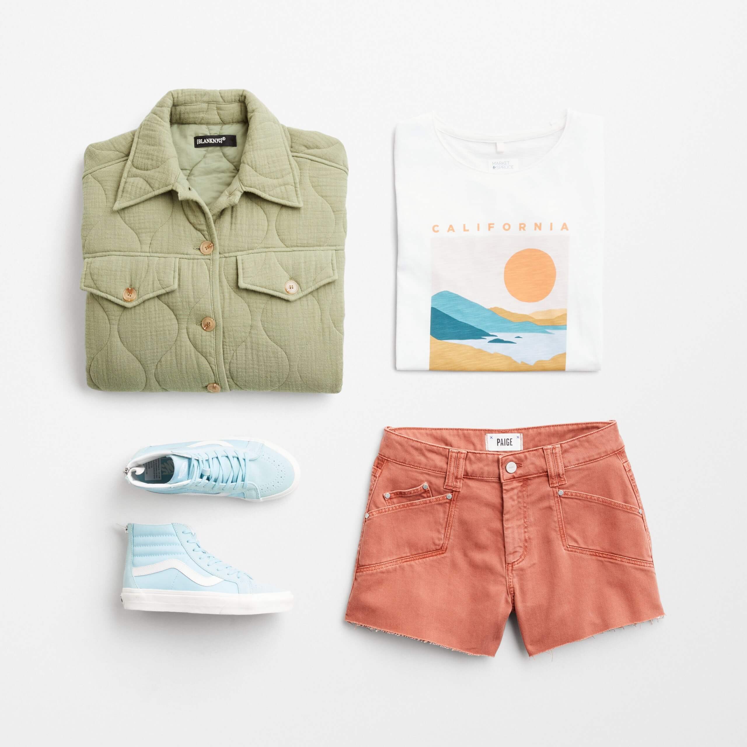 Stitch Fix women’s comfy road trip outfit with graphic T-shirt, orange denim shorts, olive quilted shacket and high-top sneakers.