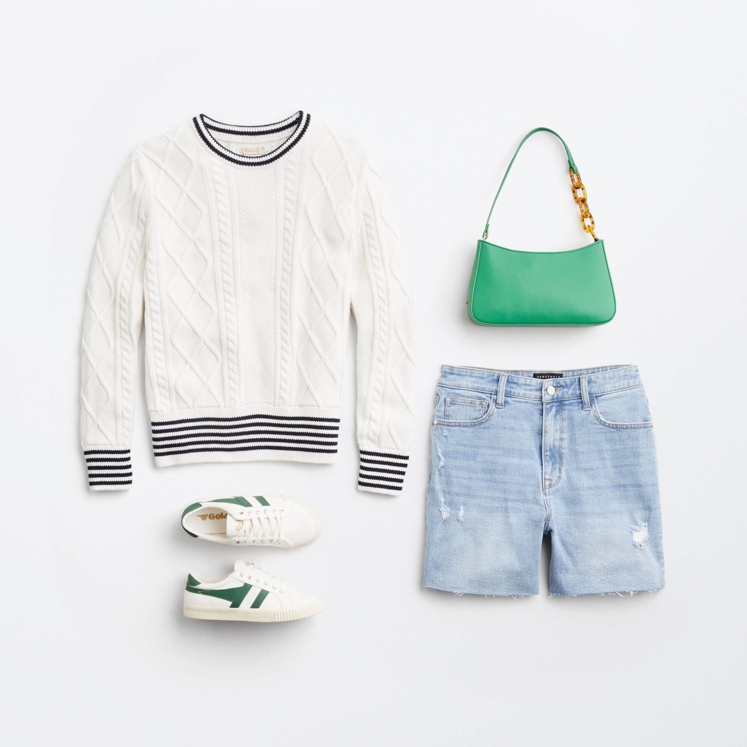 Stitch Fix women's Y2K fashion outfit with white sweater, blue denim shorts, white and green sneakers and green baguette bag.