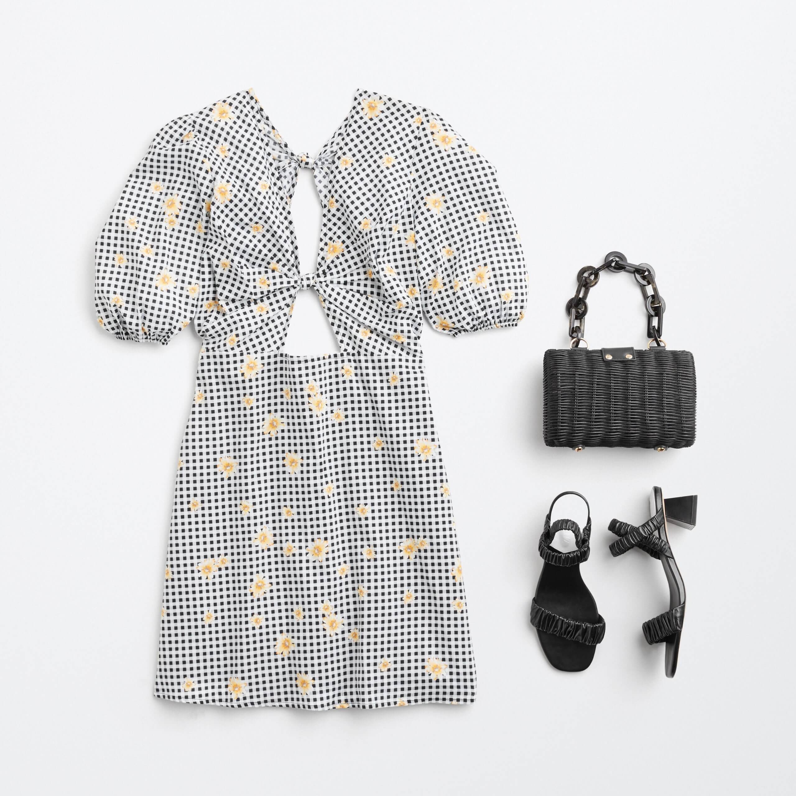 Stitch Fix women's Y2K fashion outfit with black and white gingham floral dress, woven black bag and black strappy heels.