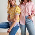 Two Stitch Fix models wearing women’s preppy style outfits featuring denim, button-down shirts and animal print top.