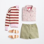 Stitch Fix women's picnic outfit featuring stripe sweatshirt, pink shacket, olive shorts and beige sandals.