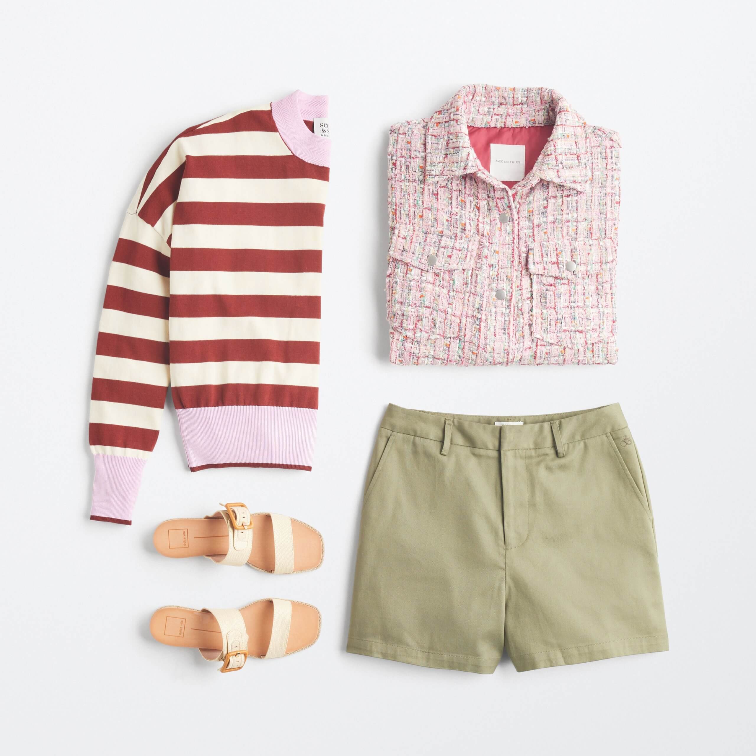 Stitch Fix women's picnic outfit featuring stripe sweatshirt, pink shacket, olive shorts and beige sandals.