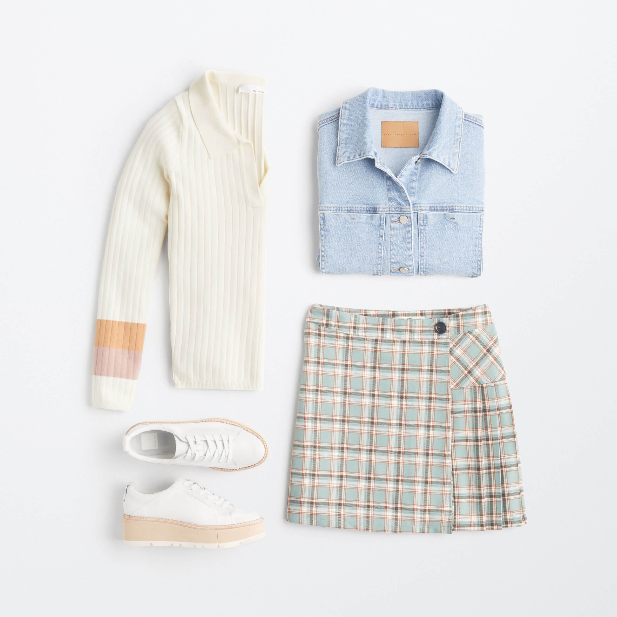 Stitch Fix women’s miniskirt outfit featuring plaid skirt, cream sweater, chambray button-down and white platform sneakers.