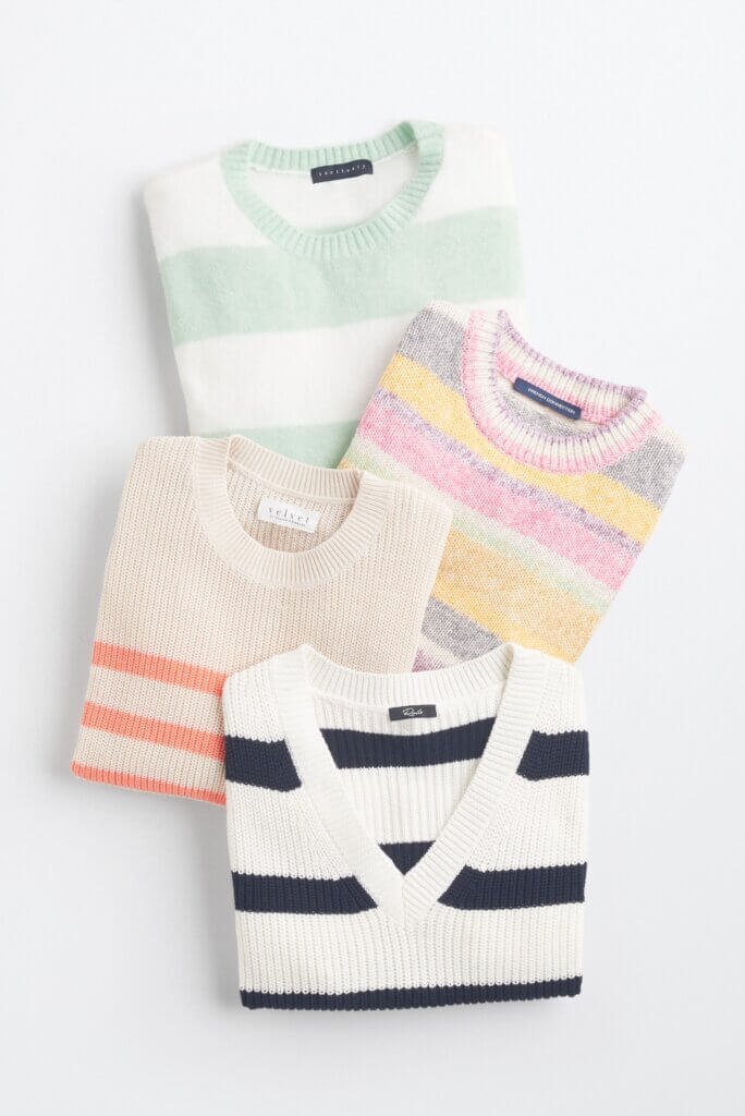 Stitch Fix women’s preppy style striped sweaters in an array of colors..