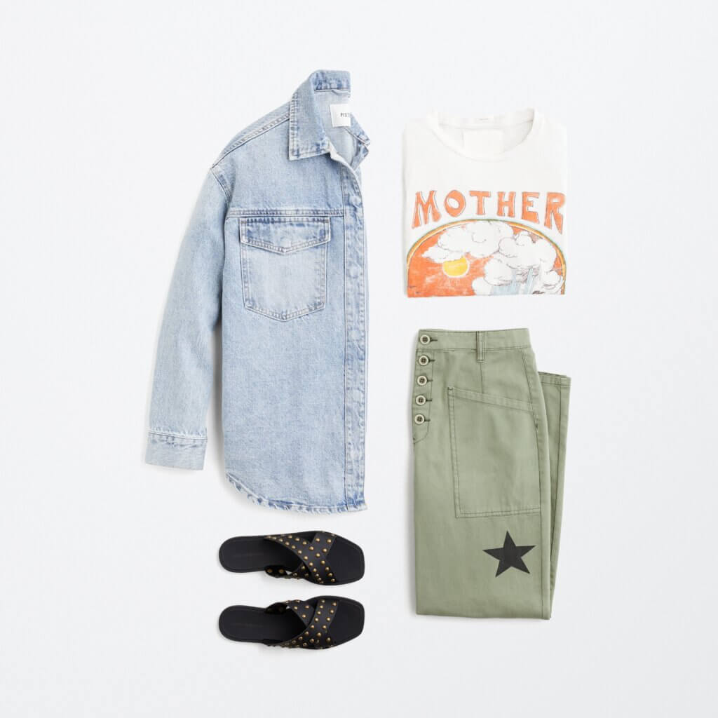 Stitch Fix women's edgy style outfit with denim button-down, graphic tee, olive pants and studded sandals.
