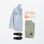 Stitch Fix women's edgy style outfit with denim button-down, graphic tee, olive pants and studded sandals.