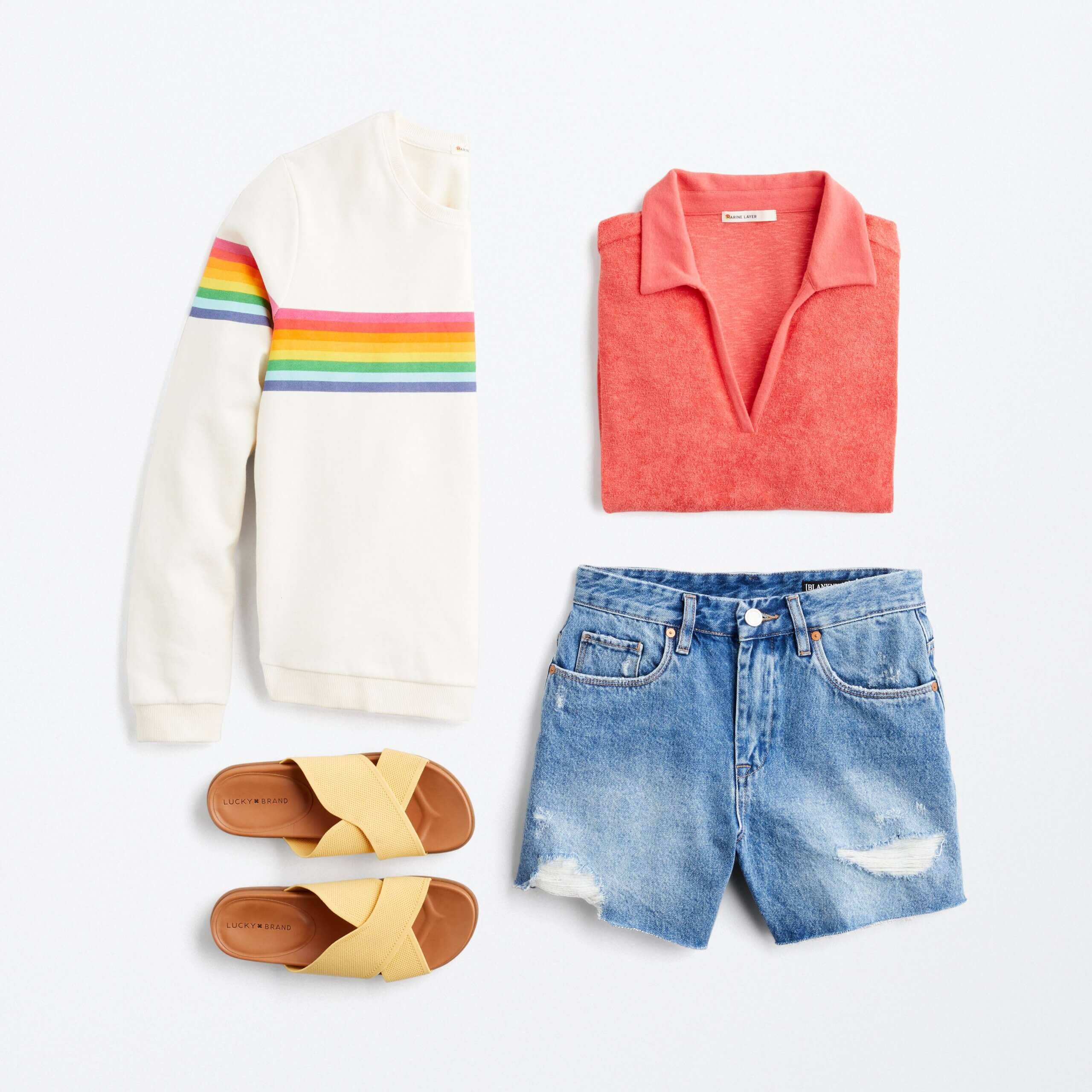 Stitch Fix women's outfit to wear to a picnic featuring rainbow stripe sweatshirt, orange polo shirt, denim shorts and yellow sandals.