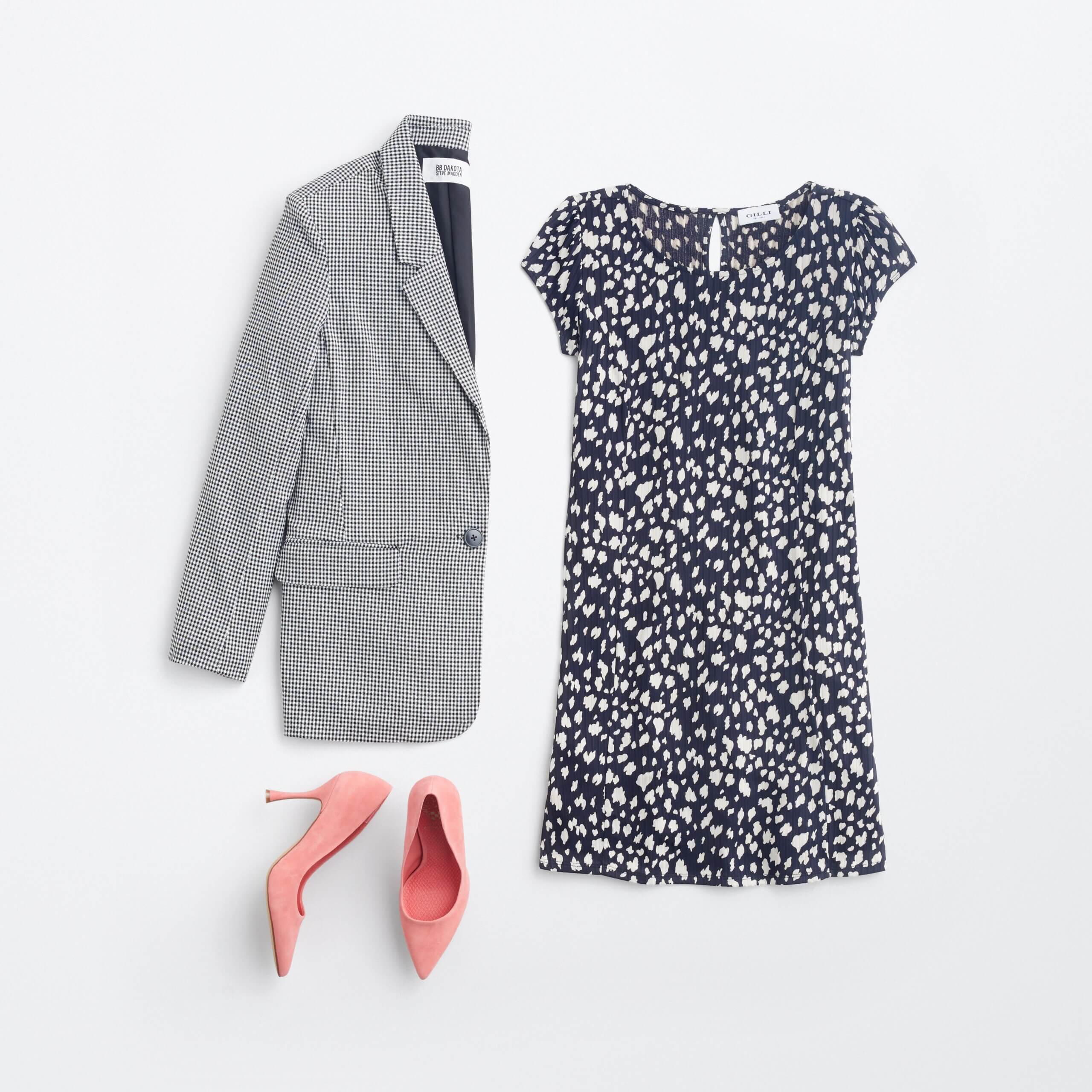 Stitch Fix women’s business formal outfit with black and white dot print dress, grey check blazer and pink heels.