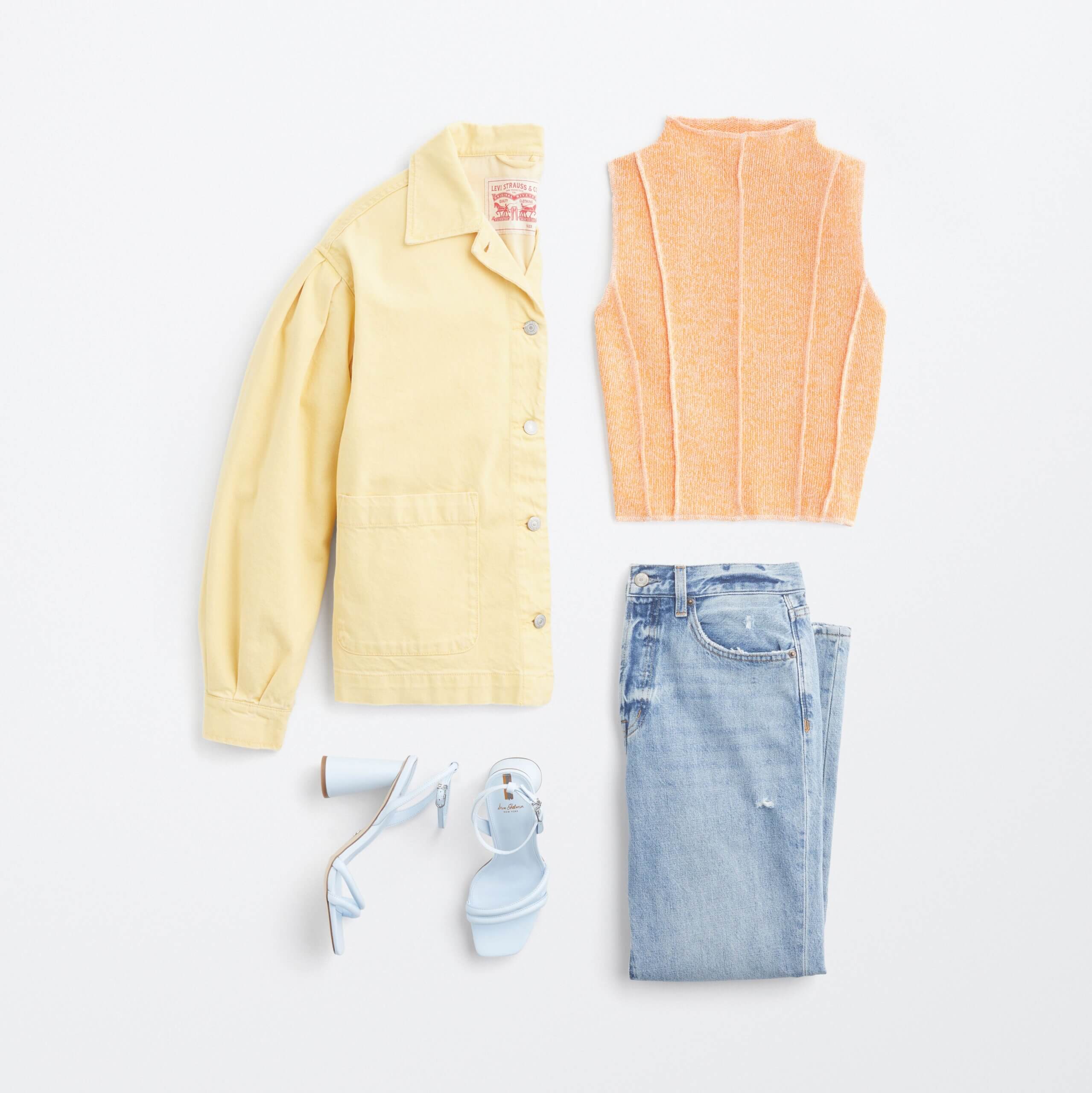 Stitch Fix women's Y2K fashion outfit with yellow jacket, orange sleeveless knit top, blue jeans and blue strappy heels.