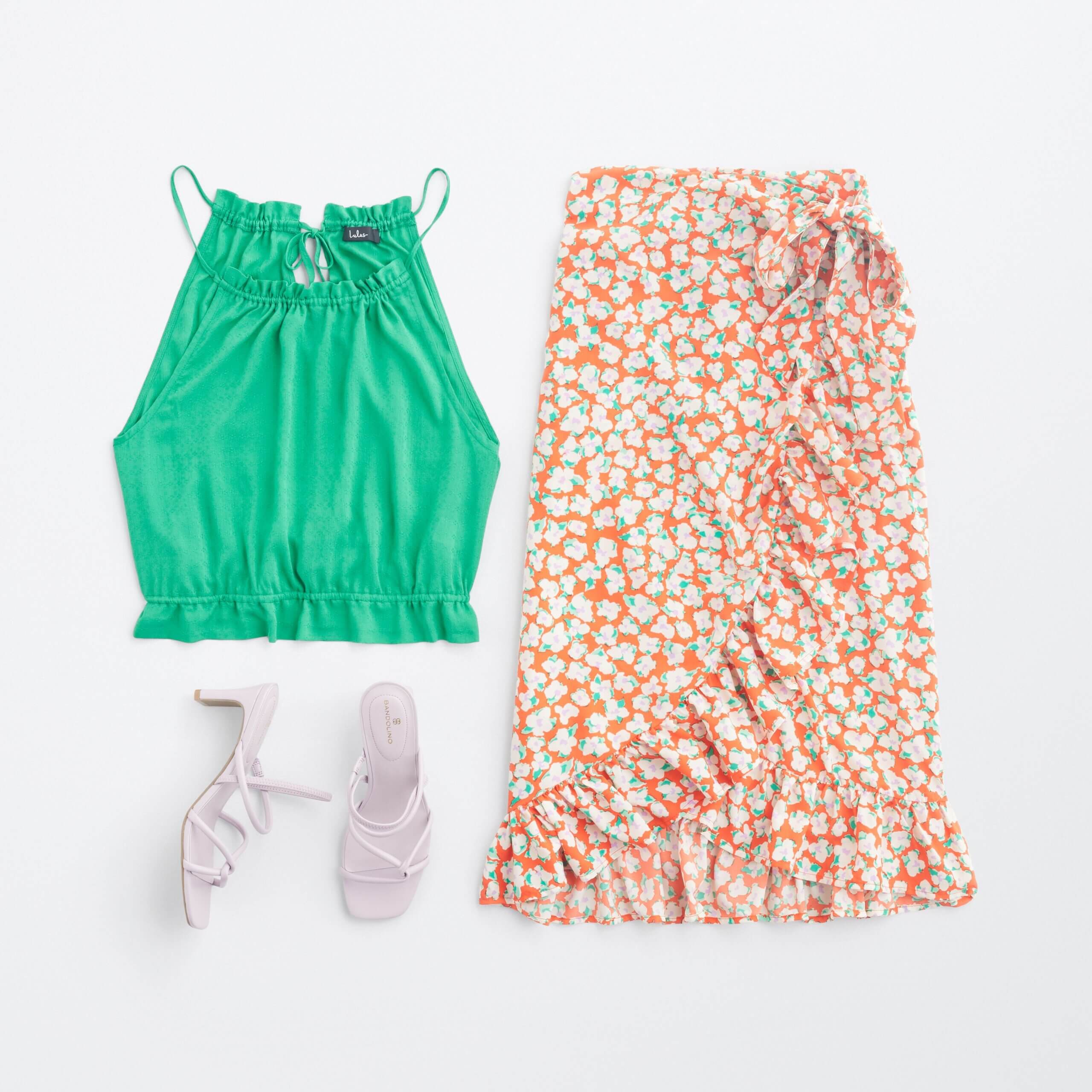 Stitch Fix women's Y2K fashion outfit with green halter top, lavender strappy heels and floral midi wrap skirt.