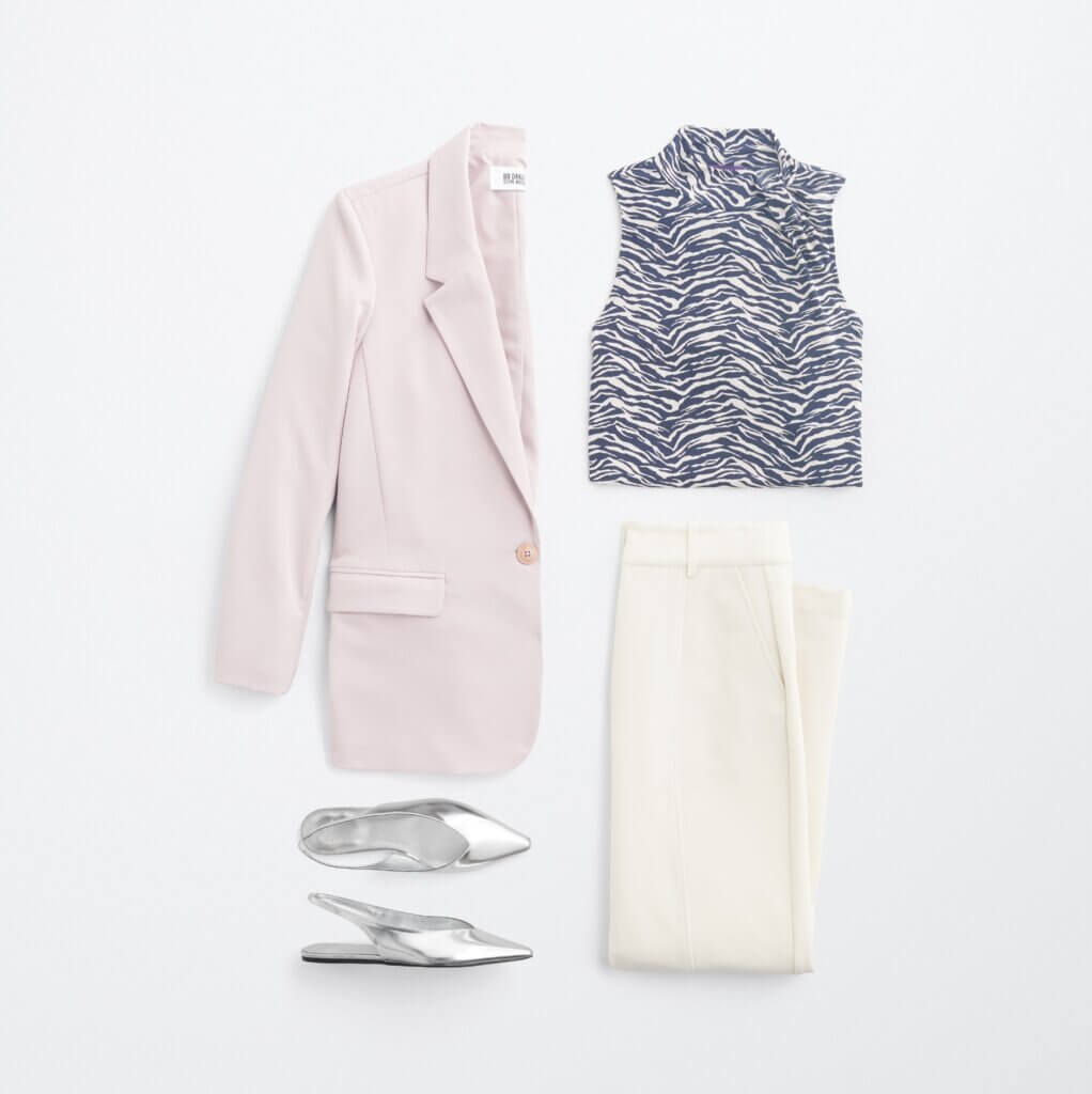 Stitch Fix women's semi-formal wedding attire outfit with blush blazer, ivory pants, printed sleeveless top and silver flats.