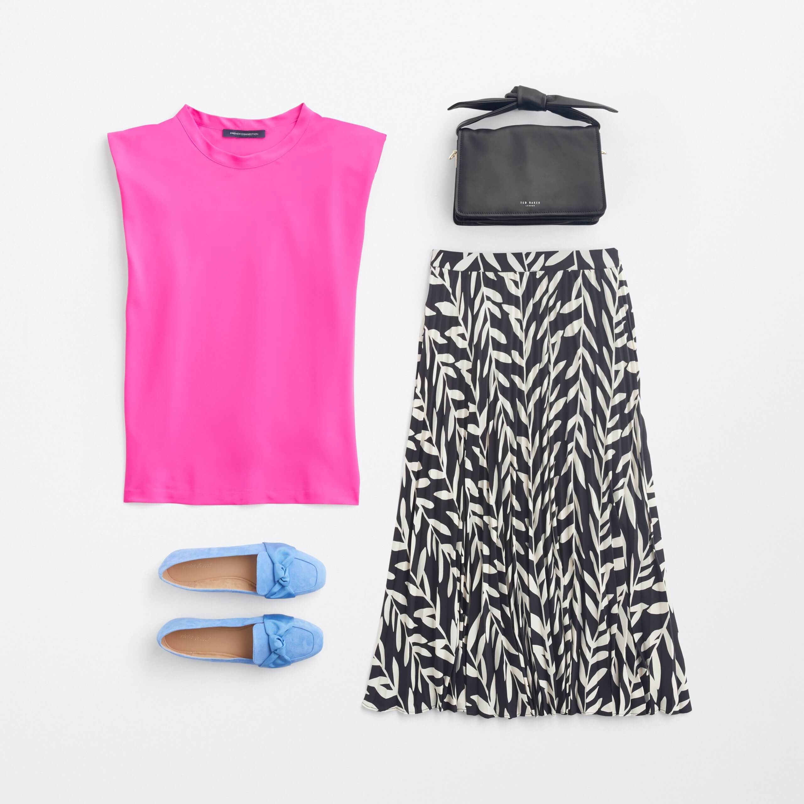 Stitch Fix women's semi-formal wedding attire outfit with pink sleeveless top, printed maxi skirt, blue flats and black bag.