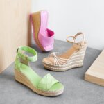 Stitch Fix women’s wedding beach attire platform shoes in various colors with rattan woven heel details.